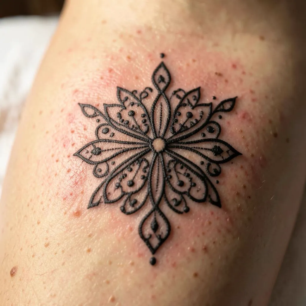 Cilt üzerinde yeni tamamlanmış süslemeli blackwork dövme yakın çekim
