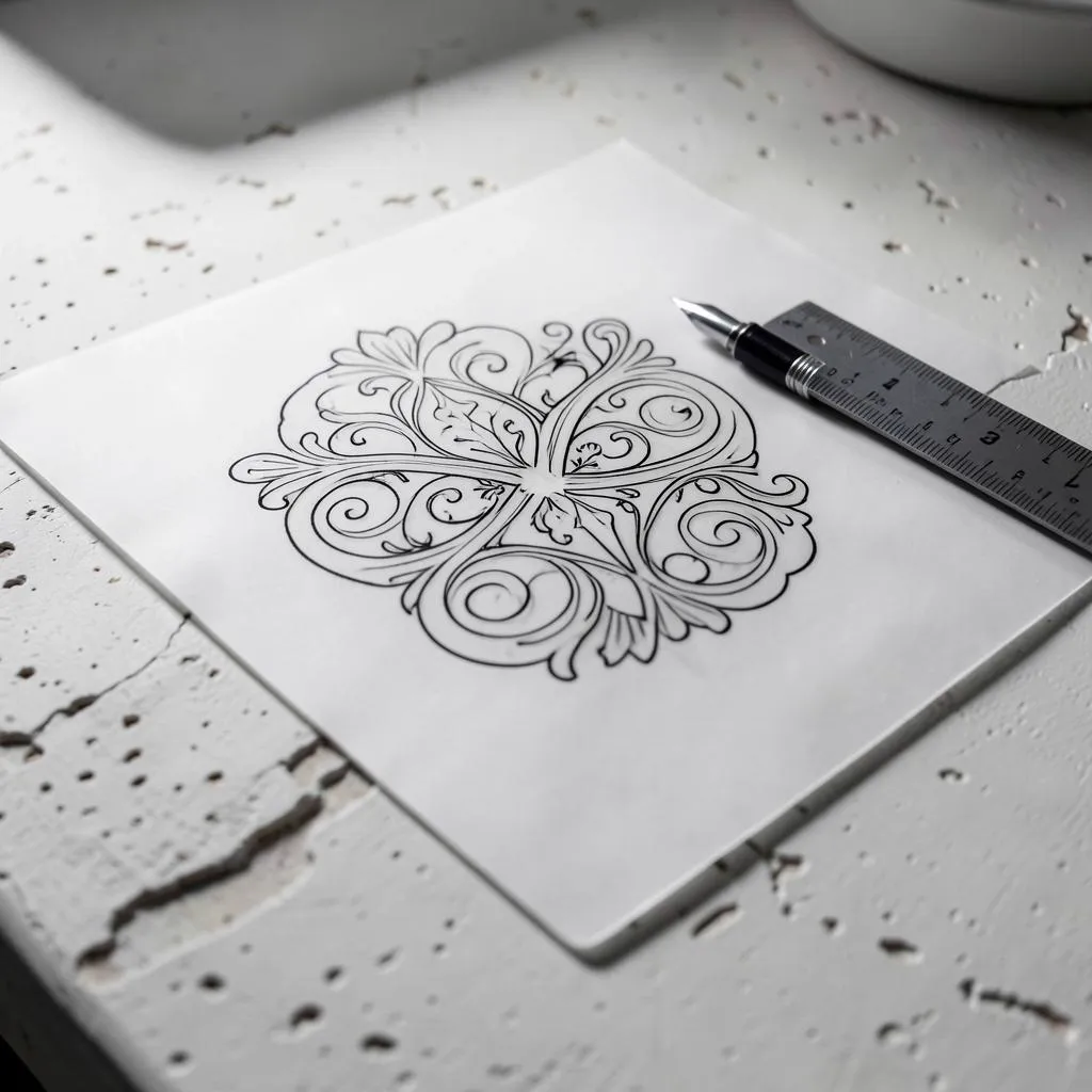 Dövme stencil çizimi: kağıt üzerinde süslemeli hat çalışması ve cetvel